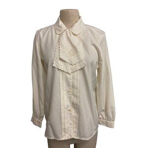 Vintage Marulinne Ivory Blouse With Embroidered Bib Collar and Button Cuffs